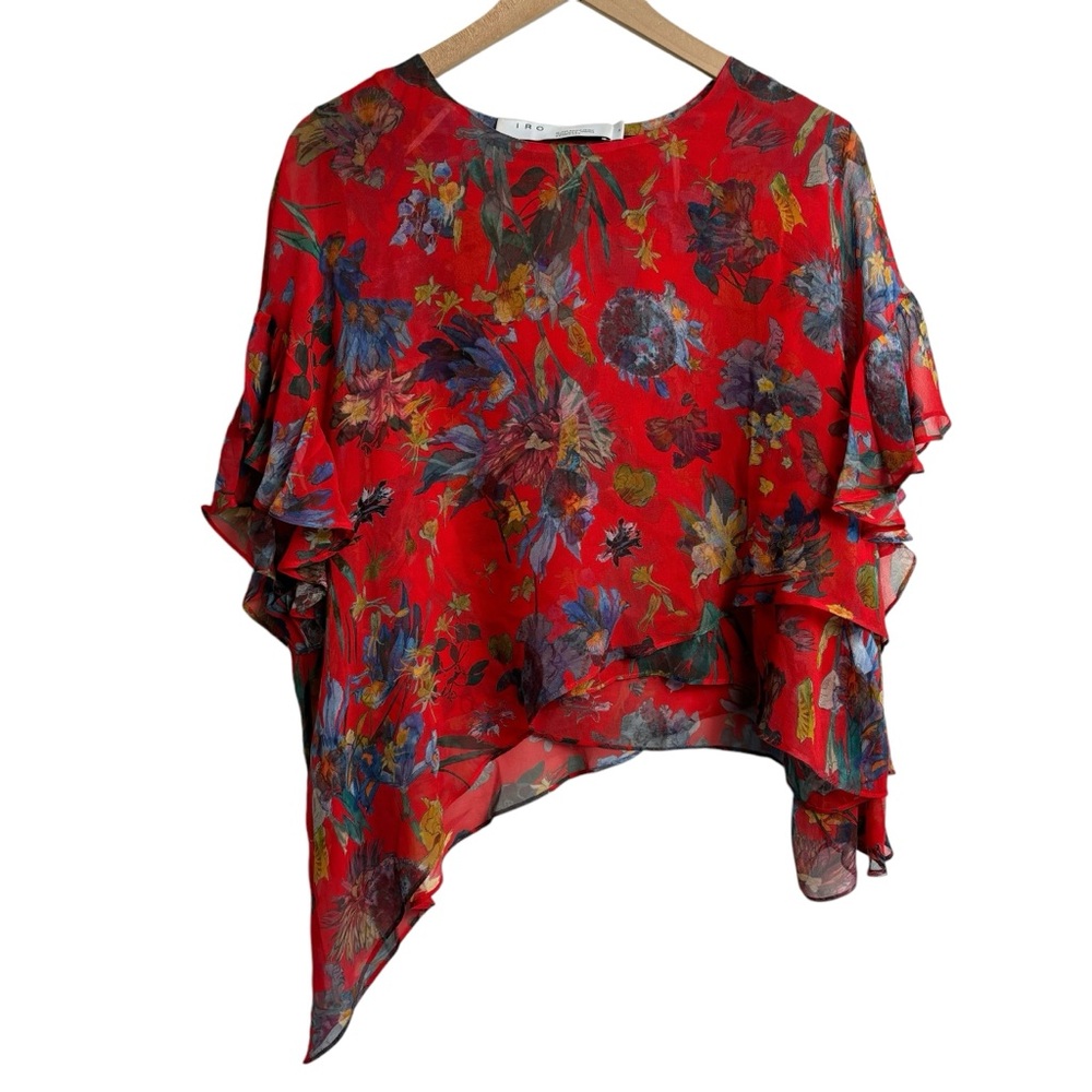 IRO Silk Floral Asymmetrical Blouse Top Boat Neckline Luxury EU 36 US S - Picture 8 of 8